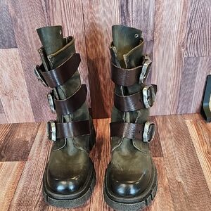 A.S.98 Green Leather Buckle Boots